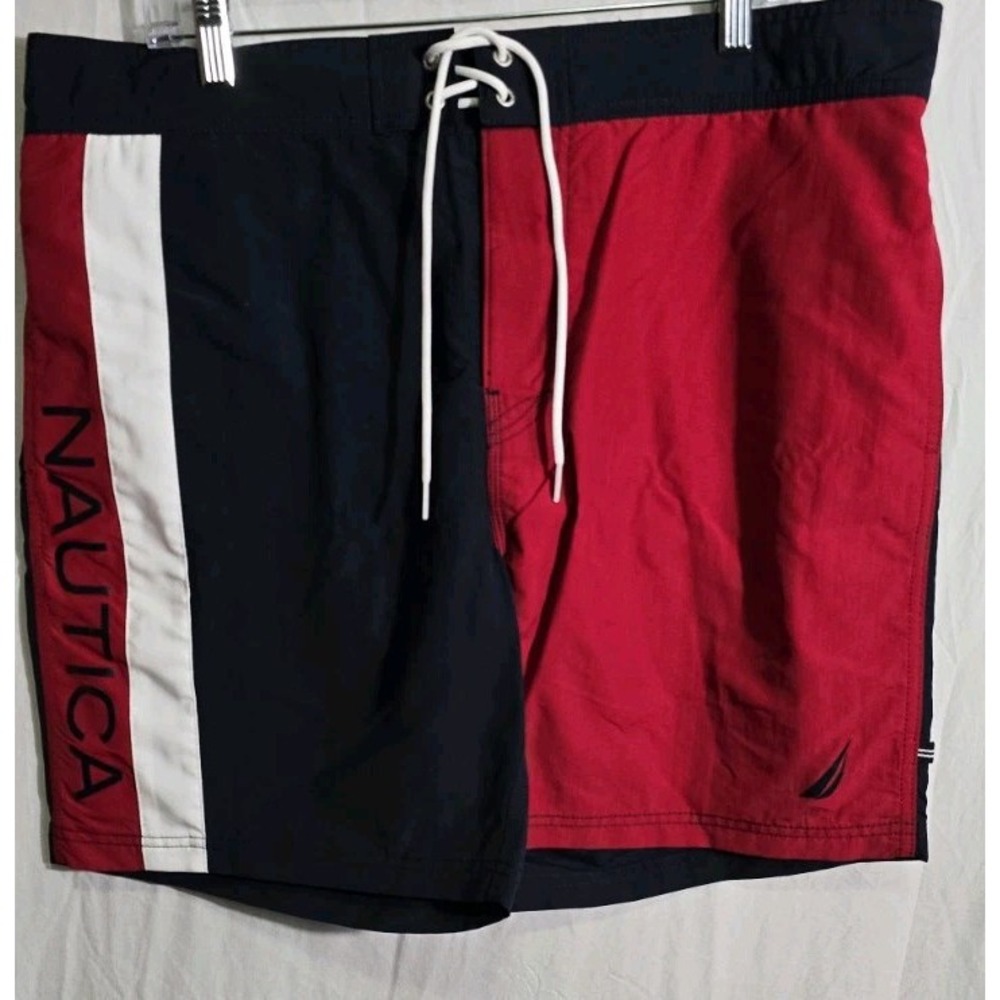 Nautica Quick Dry Red, White,‎ Blue Brief Lined Swim Trunks Shorts Lined XLarge